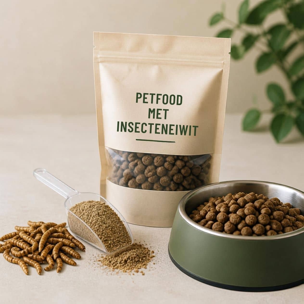 op de achtergrond een zakje met hondenvoer met de tekst "Petfood met insecteneiwitten" en daarvoor een hoopje meelwormen en een lepel met bruin poeder en daarnaast een hondenvoerbakje met brokken erin