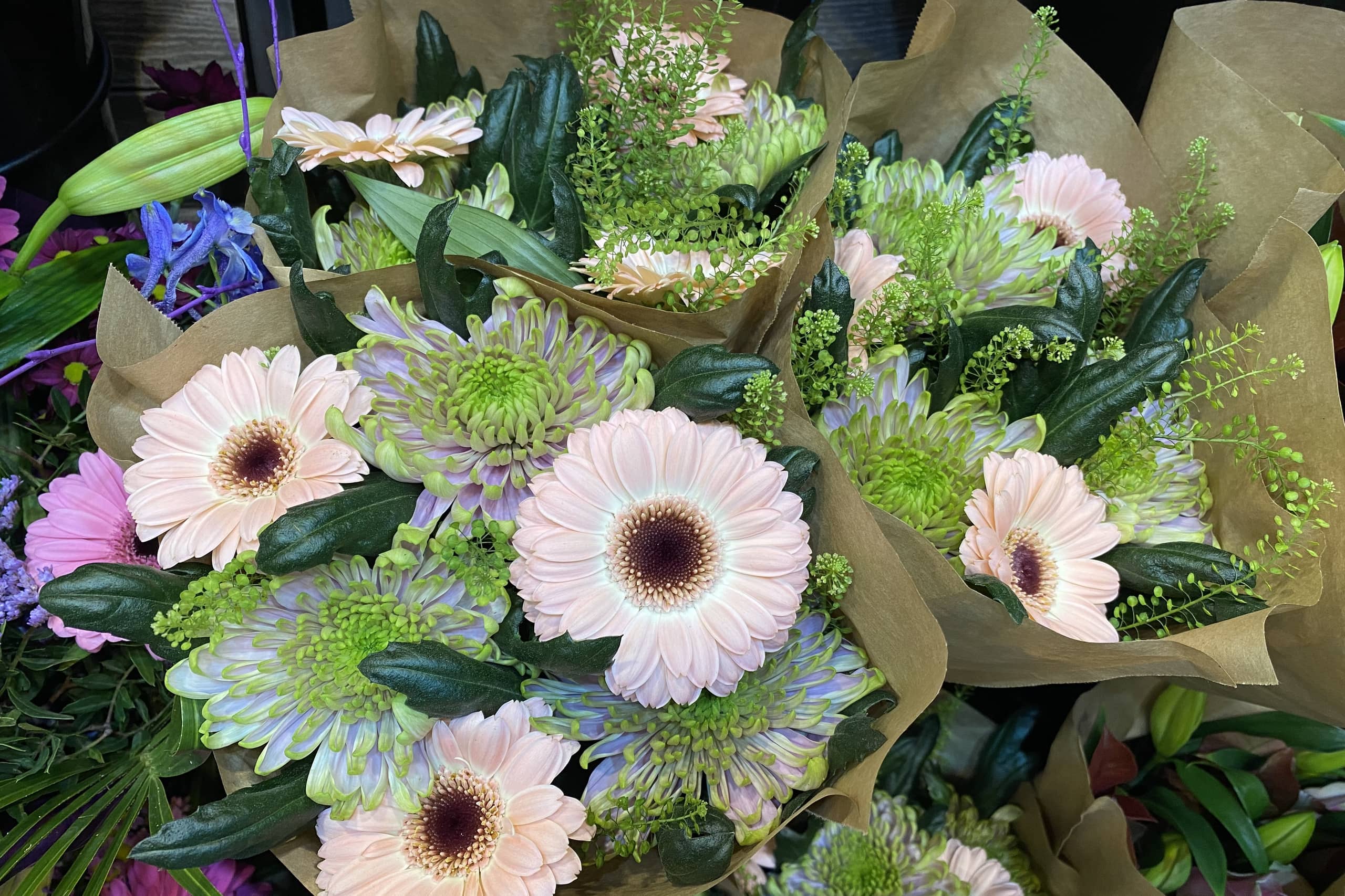 bunches of colourful flowers dedicated for sales in retail chains