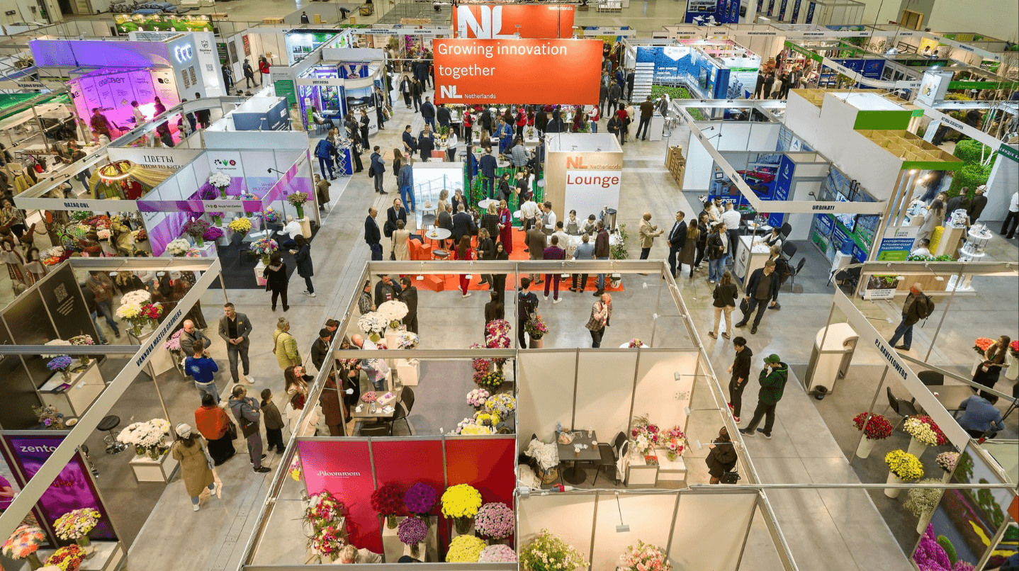 Aerial shot of the Flora and Grow expo in Astana with a Netherlands pavillion in april 2025