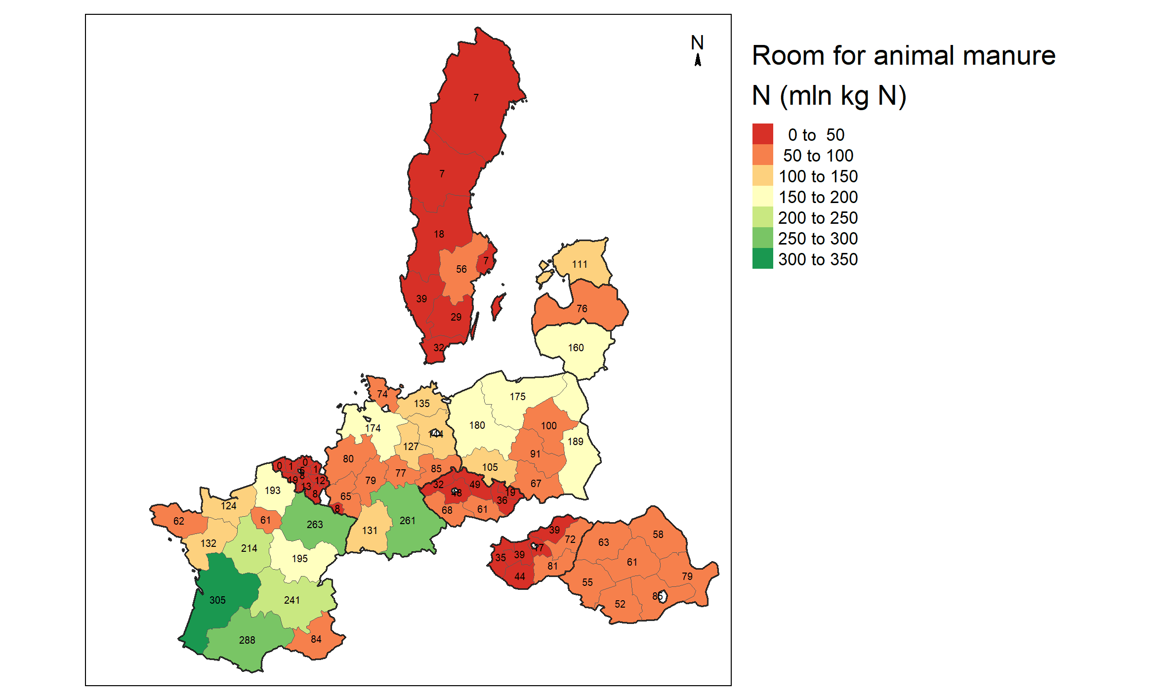Capacity for additional animal manure per region (in million kilograms) of nitrogen in the considered countries (Belgium, Germany, France, Poland, the Czech Republic, Romania, Hungary, Sweden, and the Baltic States