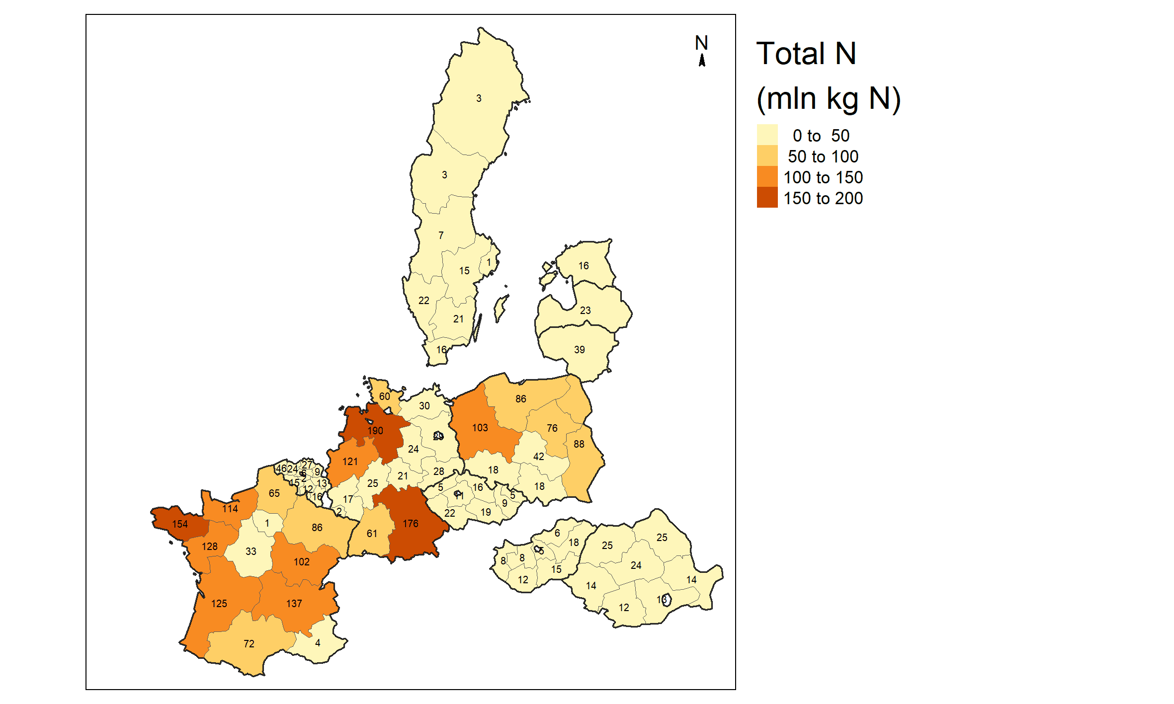 Total amount of nitrogen in animal manure produced per region