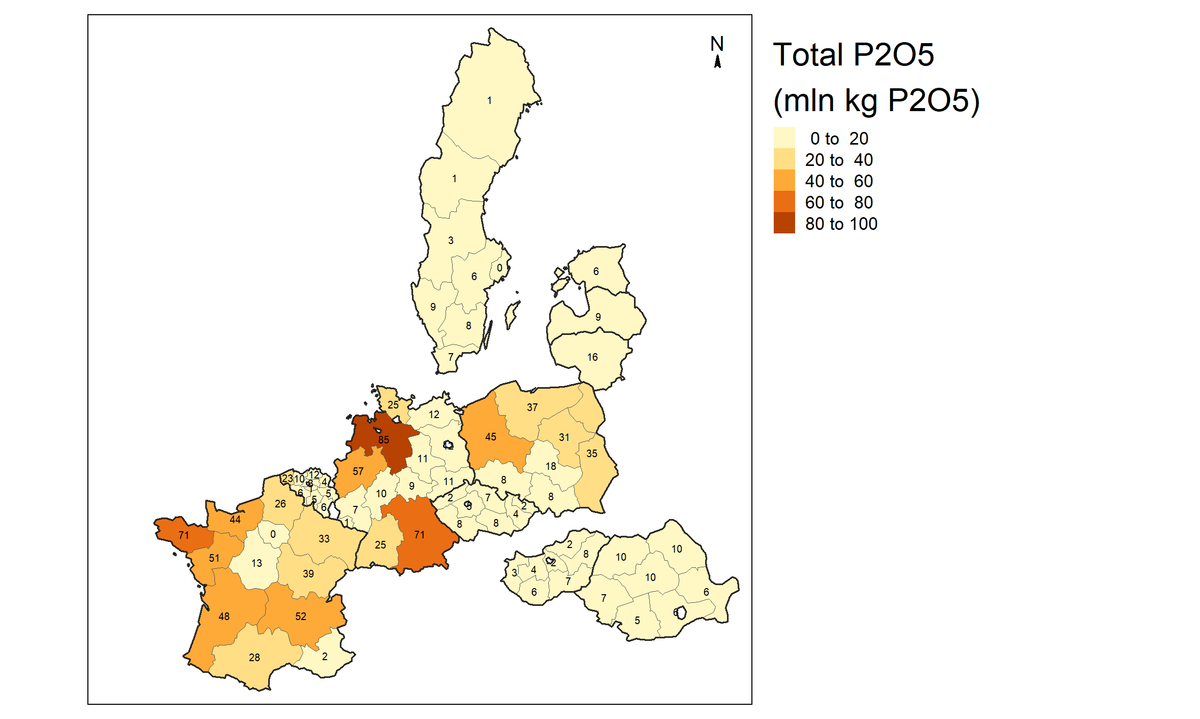 Total amount of phosphate (P₂O₅) in animal manure produced per region
