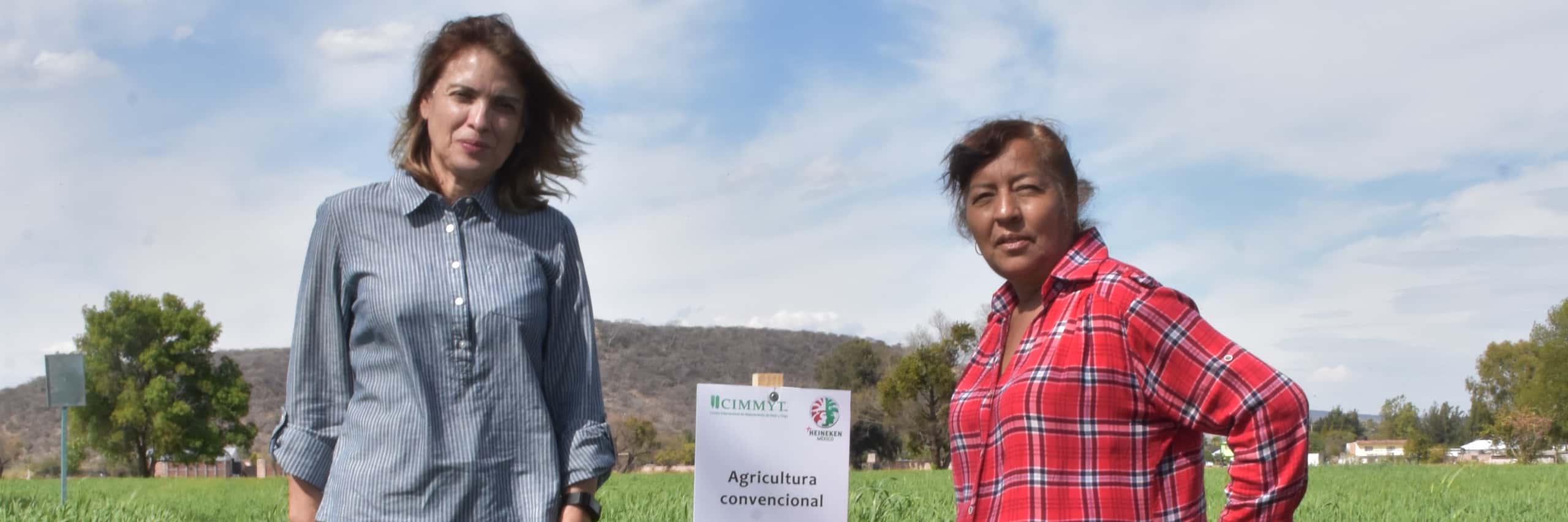 two people standing next to a CIMMYT sign