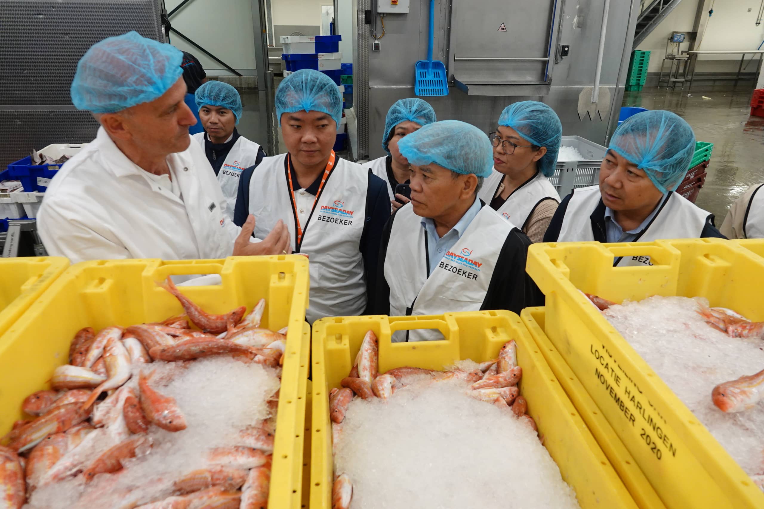a group of 5 men, wearing protective clothes, standing next to boxes of frozen seafood
