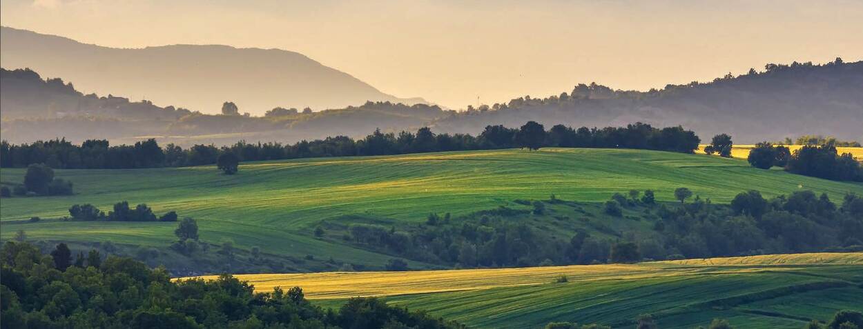 Polish landscape with hills and green fields