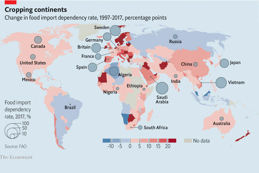 Cropping Continents : change in food import dependency rate, 1997-2017, percentage points