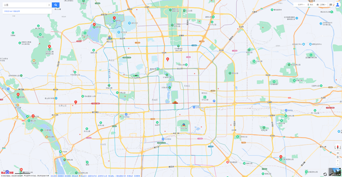 Parken in Peking (getoond in groene zone en rode stippen voor kleine parken), Baidu Map