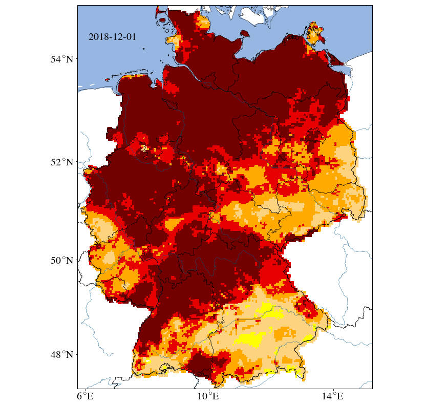 Kaart van Duitsland gekleurd naar droogteniveau in de bodemlaag 0-25cm.