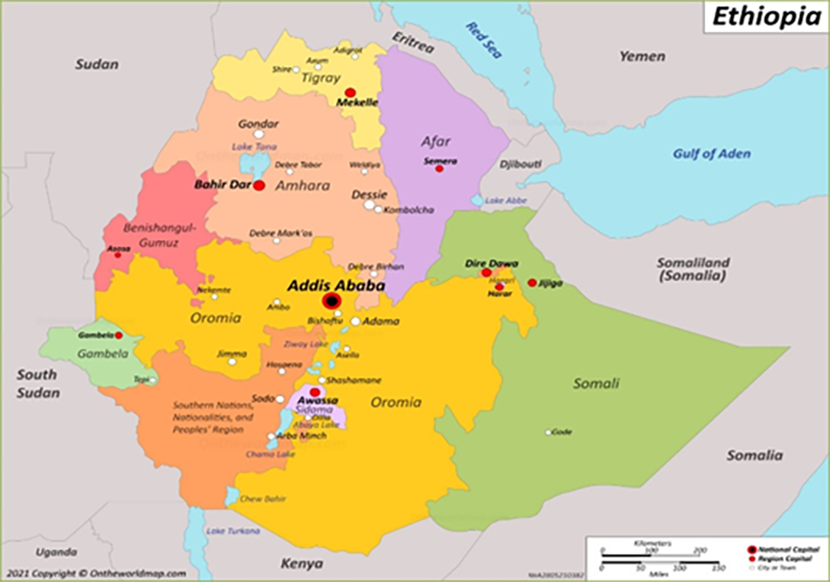 Kaart van steden in Ethiopië