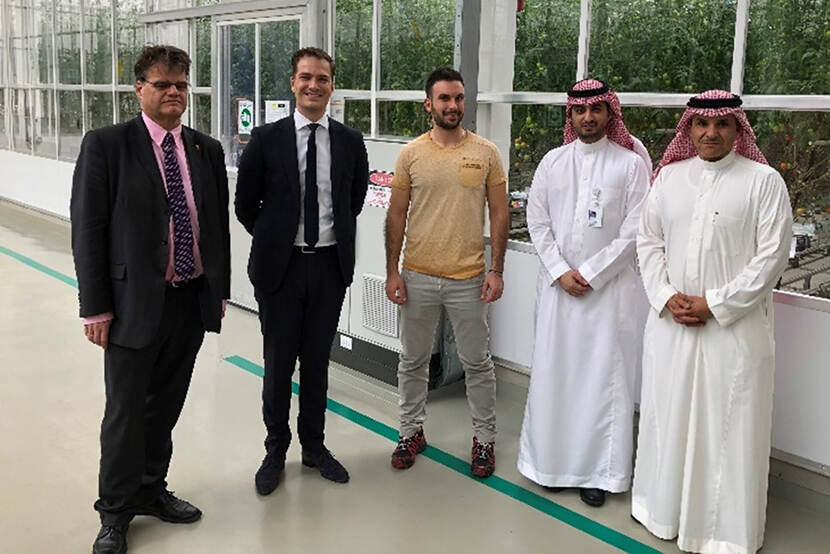 V.l.n.r.: Erik Smidt (landbouwraad voor de Golfregio), Bram van Opijnen (senior beleidsmedewerker Expo Dubai 2020), Ilias Tsafaras (onderzoeker WUR), Omar Al-Harbi (Estidamah), Khalid Al-Assaf (Directeur Estidamah Research Center – SABIC).