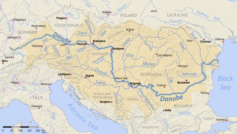 A map of the Danube basin in Central Europe