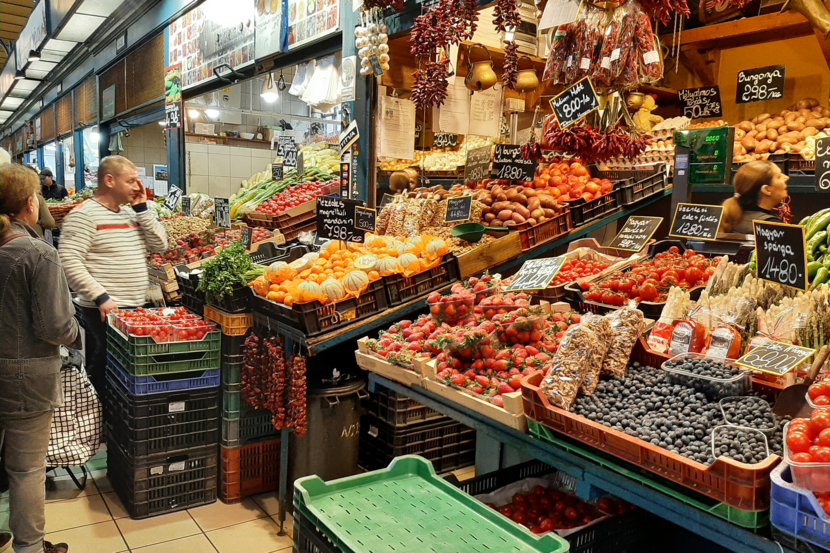 A trader's stand in a market hall in Budapest, Hungary