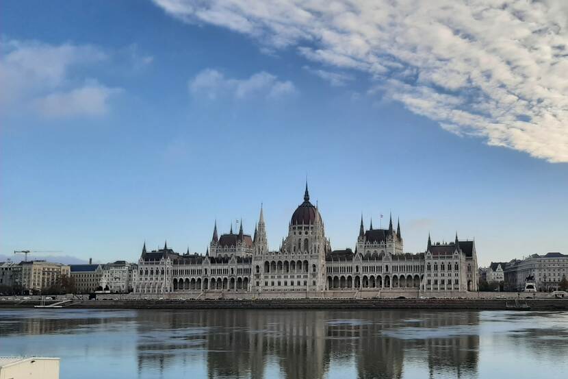 The parliament of Hungary can be seen on a clear winter day, from the Buda side, across from the River Danube.