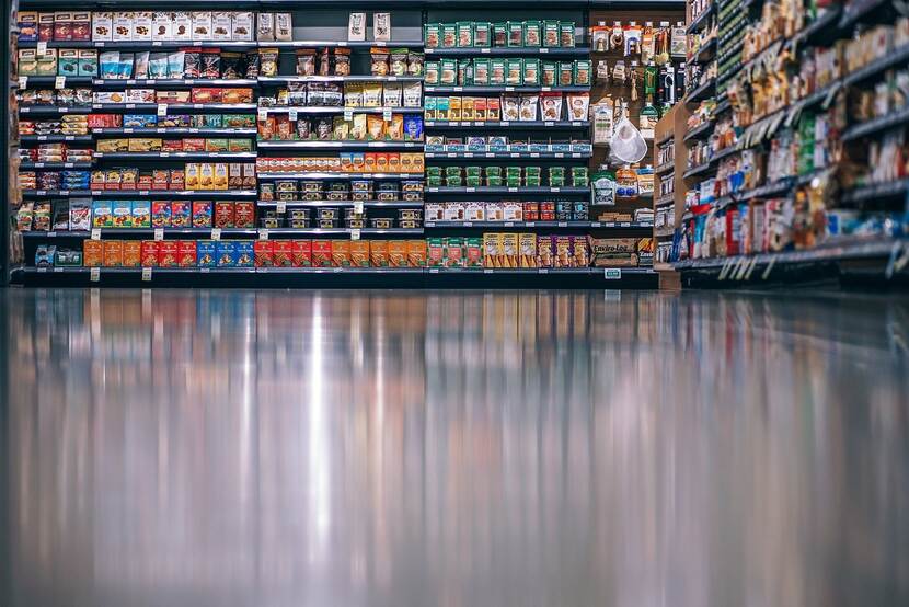 Food products on shelves in a grocery store.