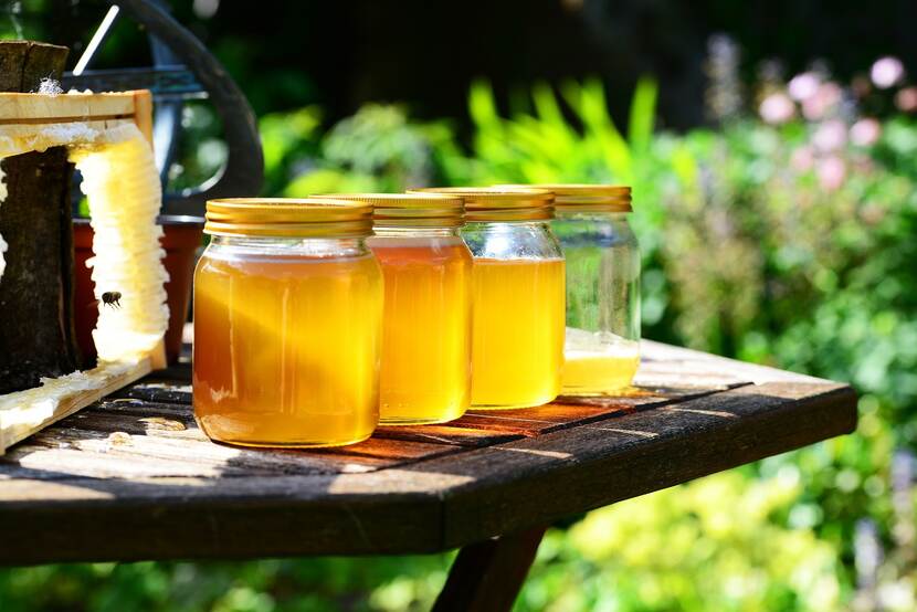 Jars of honey on a table