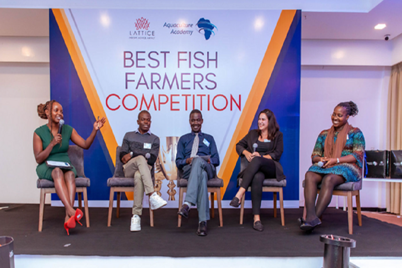 From left to right: Charity Mbithe (Lattice Aqua), John Erick (Lattice Aqua), George Muga (winner of 2021),  Racha Saksouk (Lattice Aqua), Audrey Nyambura (Tunga Nutrition) during the panel discussion.