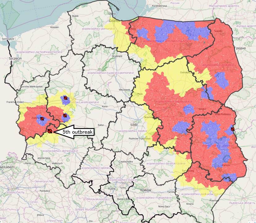 map of Poland showing the 3rd ASF outbreak in 2020 located in Wielkopolskie region
