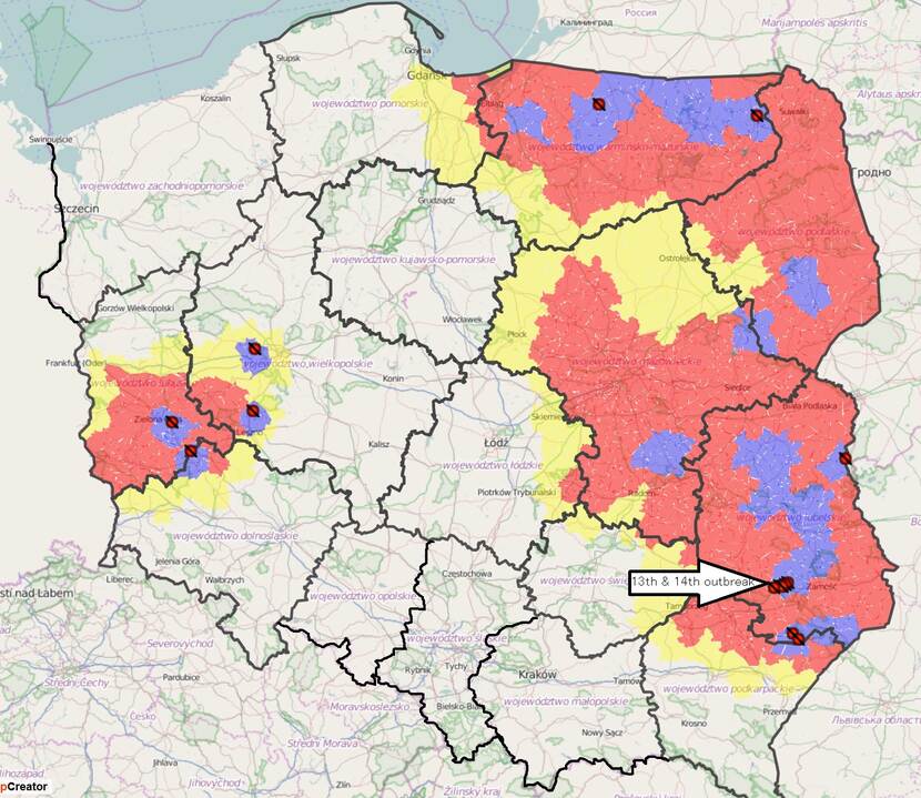 map of Poland with marked asf zones and marked new outbreaks on farms in lubelskie