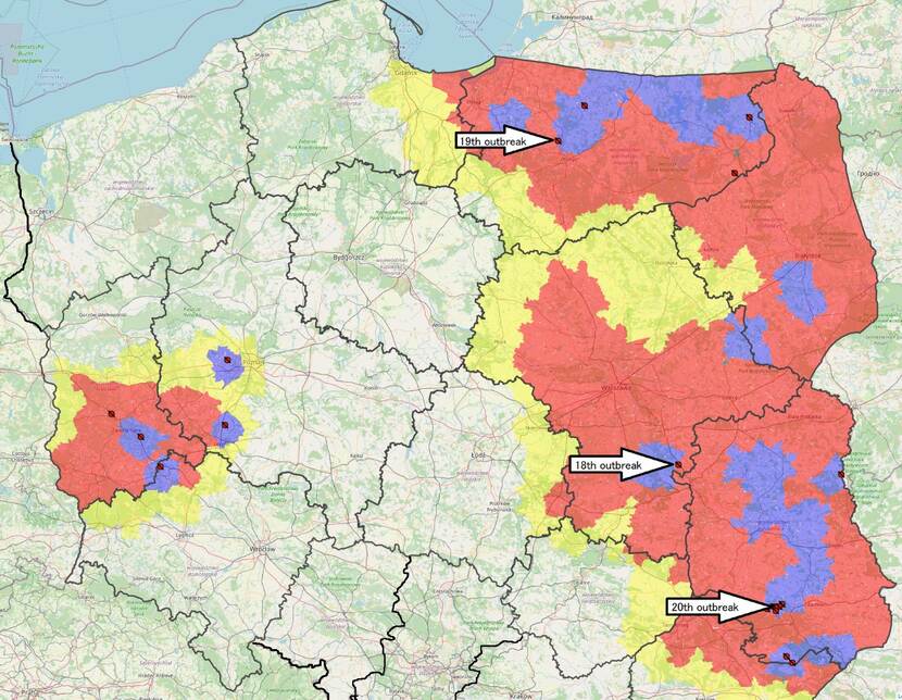 map of Poland with marked asf zones en newly detected outbreaks