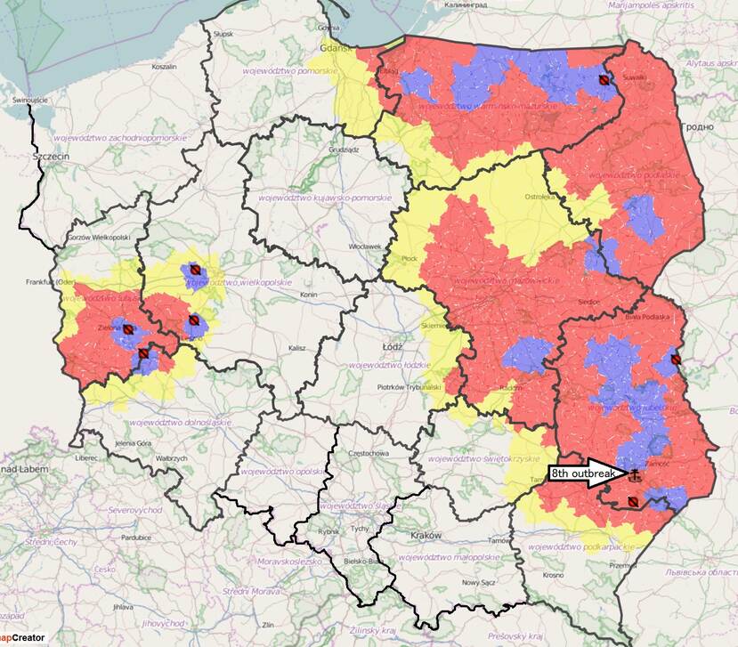 map od Poland with marked ASF zones and new ASF outbreaks