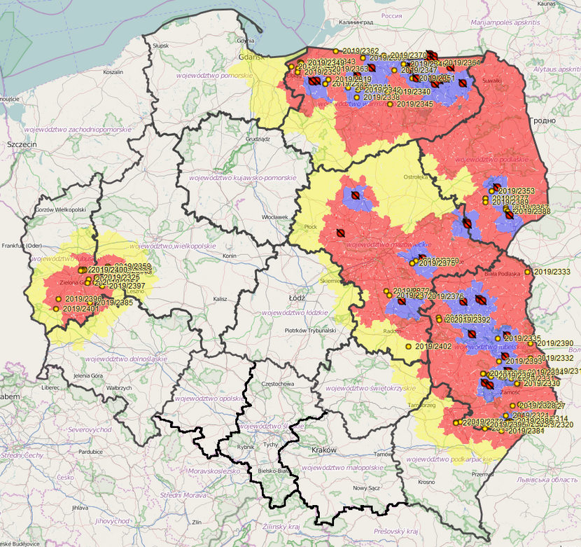 asf disease in Poland- a map