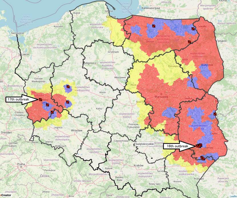 map of Poland with marked asf zones en newly detected outbreaks