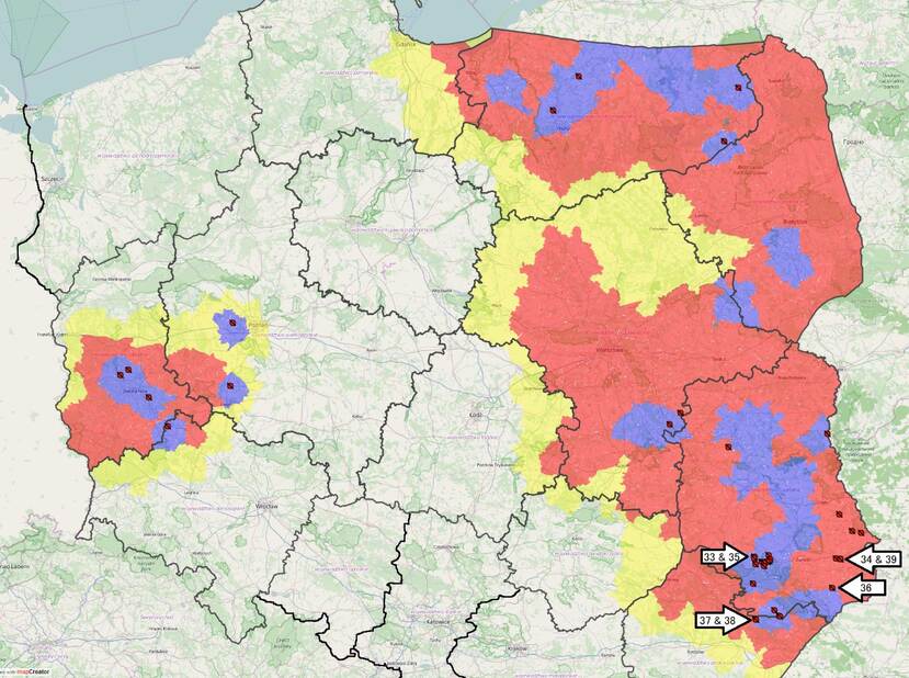 map of poland with marked last asf outbreaks in Podkarpackie region