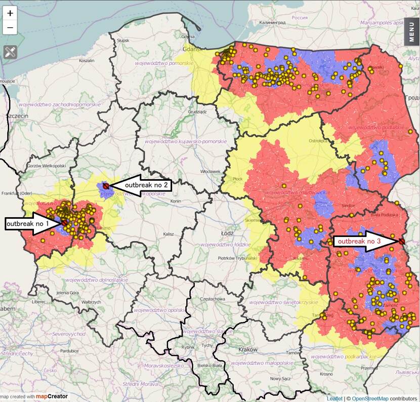 map of Poland with marked 3 ASF outbreaks and protection zones.