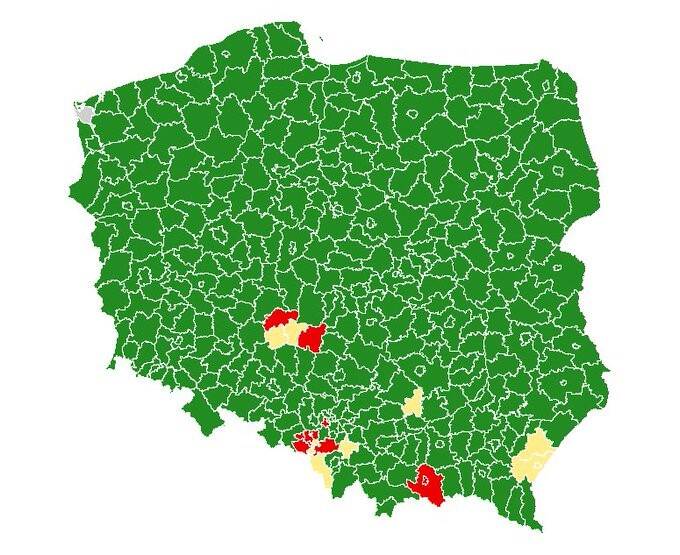 map of Poland with marked Covid zones in the South of the country