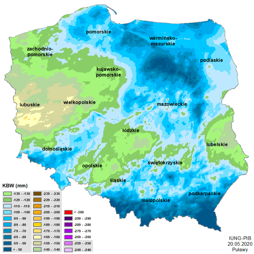 map of Poland with marked rainfalls and areas with drought
