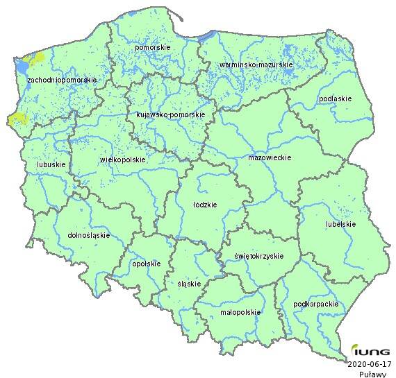map of Poland with drought in fruit trees in june 2020