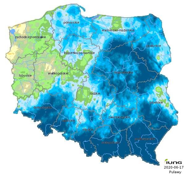 map of Poland presenting rainfall in until june 2020