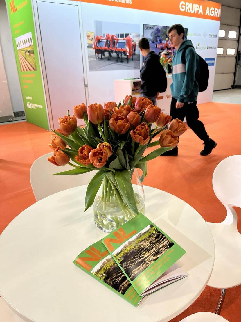 Dutch stand at Agrotech Kielce fair in Poland with bunch of tulips in the front