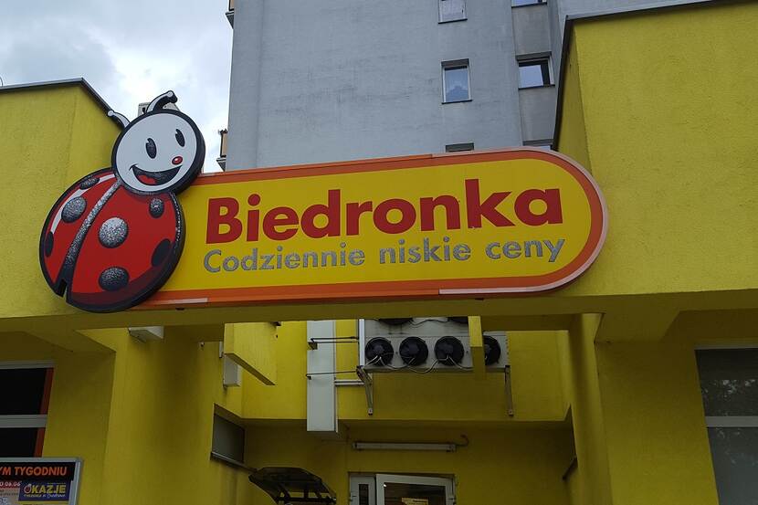 Polish retail chain 'Biedronka'- sign in front of a shop
