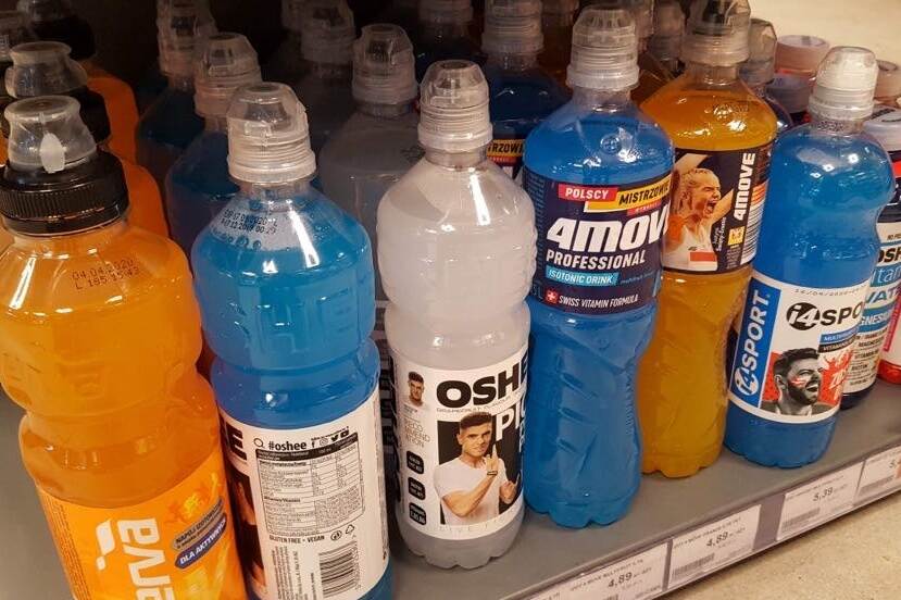 beverages in plastic bottles in a fridge