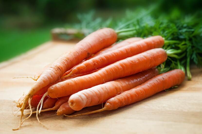 carrots lying on a woorden bord outside