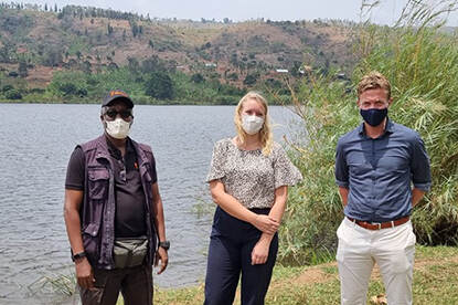 The agriculture team (from left to right: Agricultural Advisor Innocent Matabishi, Policy Support Officer Heidi Oranje and Agricultural Counselor Frank Buizer) at Gishanda lake, one of the restocked lakes, using tilapia fingerlings for community development.