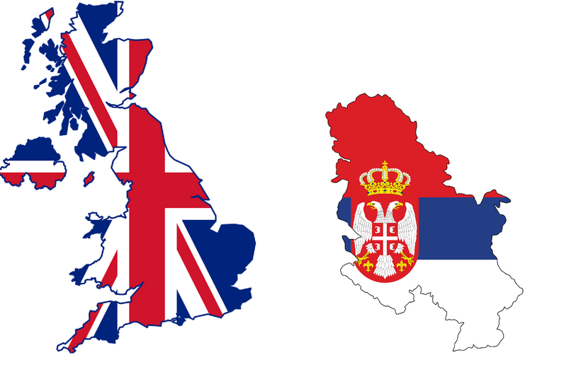 The two countries, Serbia and the UK, with their respective national flags superimposed over them in a symbolic fashion.