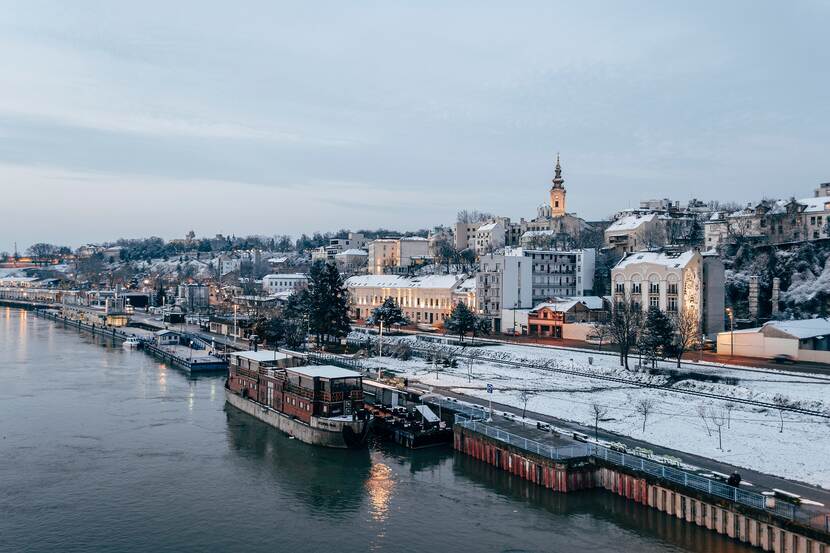 Snowy waterfront, River Danube, Belgrade, Serbia.