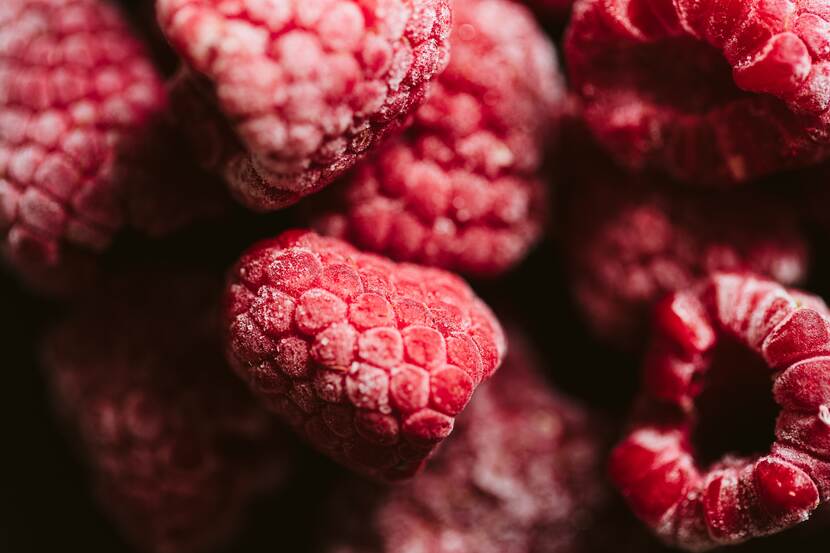 Close-up of frosty raspberries.