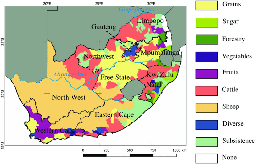 Huidige verdeling landbouwsystemen in Zuid-Afrika.